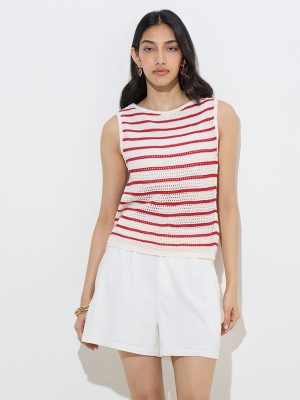 LOV Red Striped Crochet Cotton Top