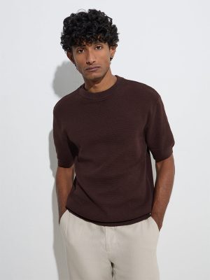 Ascot Dark Brown Knitted Relaxed-Fit Cotton-Blend T-Shirt