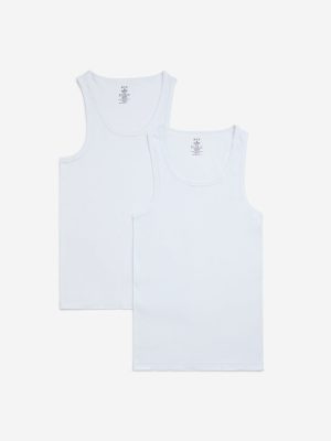 WES Lounge White Ribbed-Textured Cotton Vests - Pack of 2