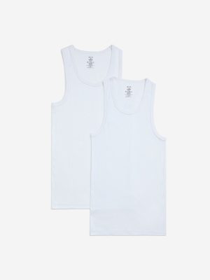 WES Lounge White Self-Textured Cotton Vests - Pack of 2