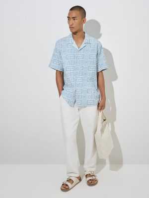 ETA Blue Embroidered Relaxed-Fit Cotton Shirt