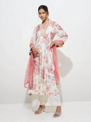 Vark Dusty Pink Floral Design A-Line Kurta. Pants and Dupatta Set