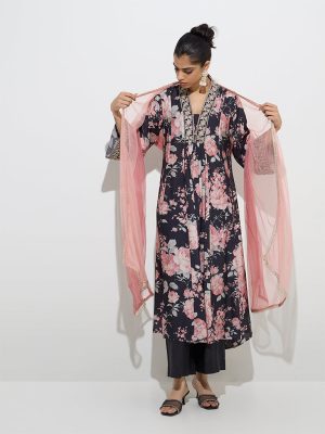 Vark Black Floral A-Line Kurta. Palazzos and Dupatta Set