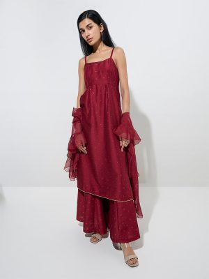 Vark Maroon A-Line Kurta. Palazzos. and Dupatta Set
