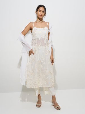 Vark Off-White Floral Kurta. Palazzos and Dupatta Set