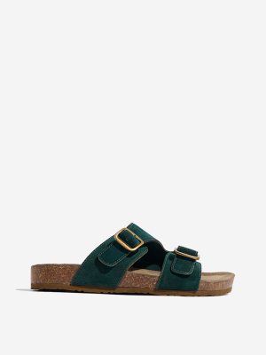 LUNA BLU Dark Green Faux-Suede Slip-On Comfort Sandals