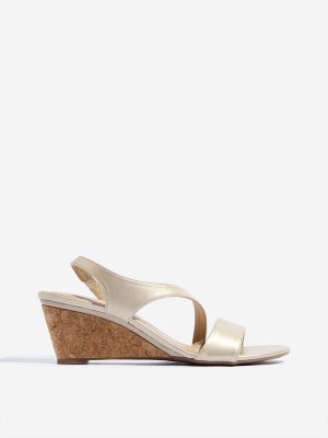 LUNA BLU Light Gold Asymmetrical Slingback Wedge Heel Sandals