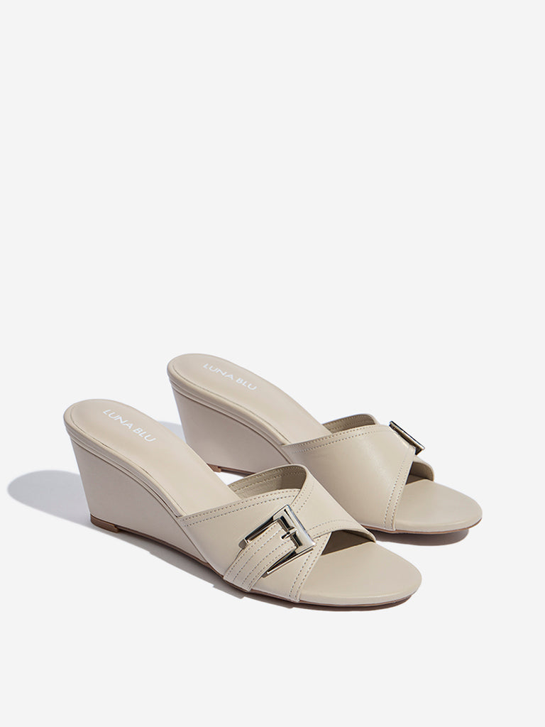 LUNA BLU Ivory Buckle-Detailed Wedge-Heel Sandals - Image 2