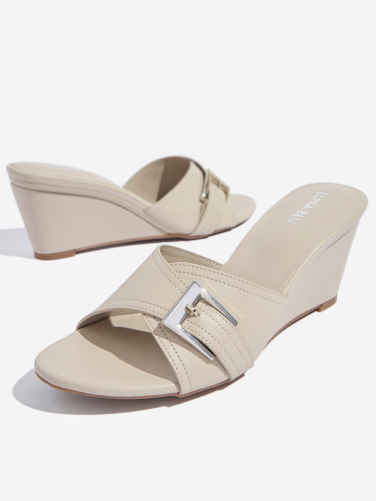 LUNA BLU Ivory Buckle-Detailed Wedge-Heel Sandals - Image 3