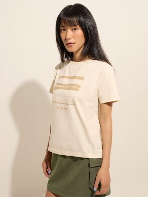 Studiofit Cream Printed Cotton T-Shirt
