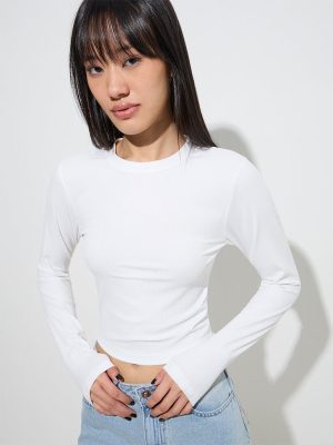 Nuon White Ribbed-Textured T-Shirt