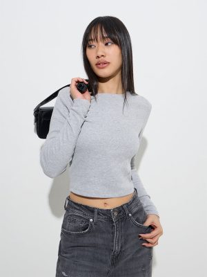 Nuon Grey Ribbed-Textured T-Shirt