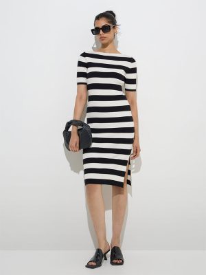 Wardrobe Ivory Stripe Printed Ribbed Bodycon Dress