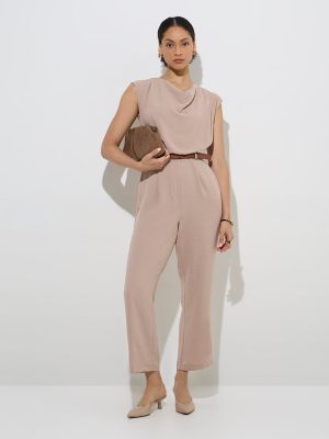 Wardrobe Beige Self-Textured Jumpsuit with Belt