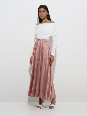 Wardrobe Dusty Pink Self-Textured High-Rise Skirt