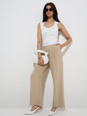 Wardrobe Beige Solid High-Rise Trousers