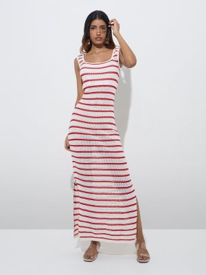LOV Red Striped Crochet Cotton Bodycon Dress