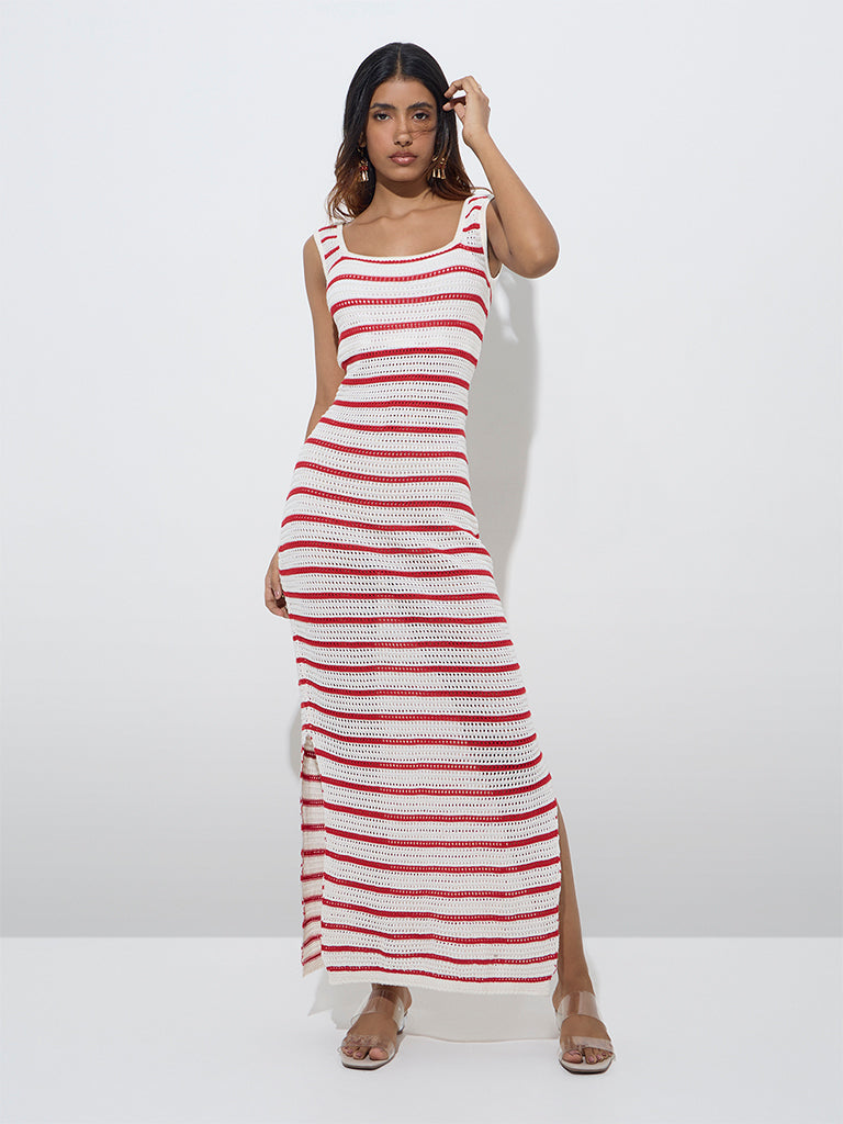 LOV Red Striped Crochet Cotton Bodycon Dress