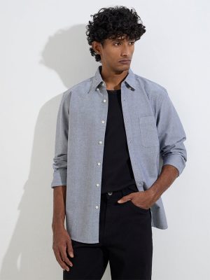 WES Casuals Grey Solid Relaxed-Fit Cotton Shirt