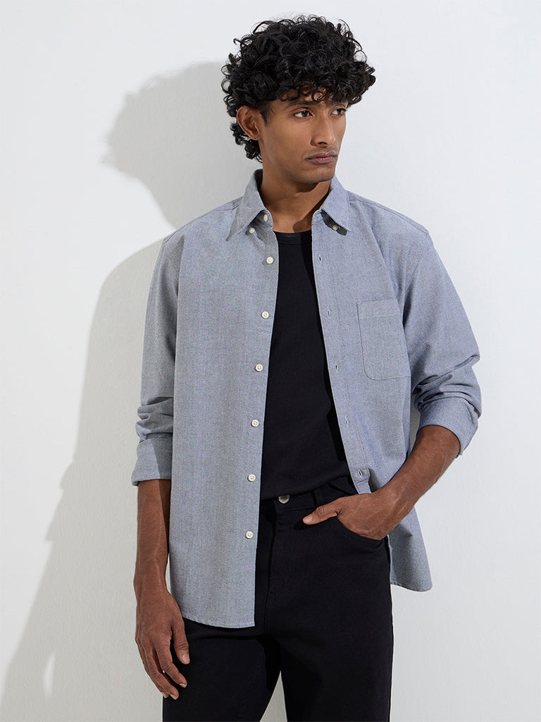 WES Casuals Grey Solid Relaxed-Fit Cotton Shirt