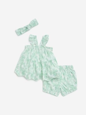 HOP Baby Sage Cotton A-Line Dress. Shorts and Headband Set