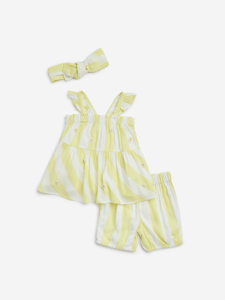 HOP Baby Yellow Striped Top with Shorts and Headband Set