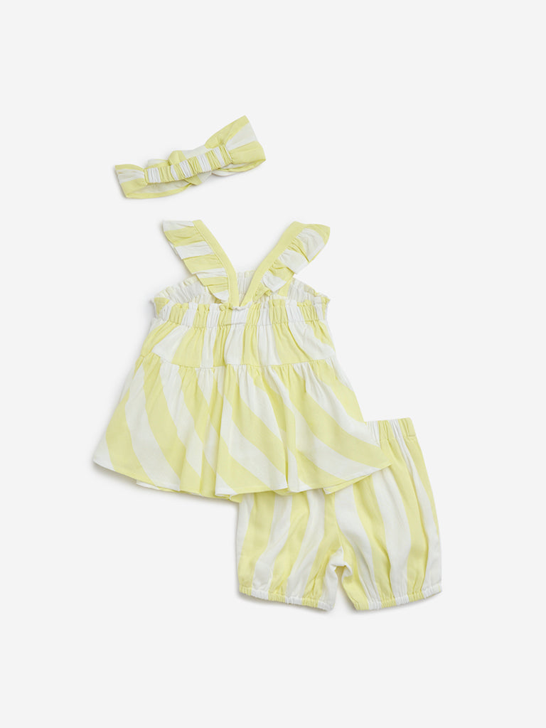 HOP Baby Yellow Striped Top with Shorts and Headband Set - Image 2