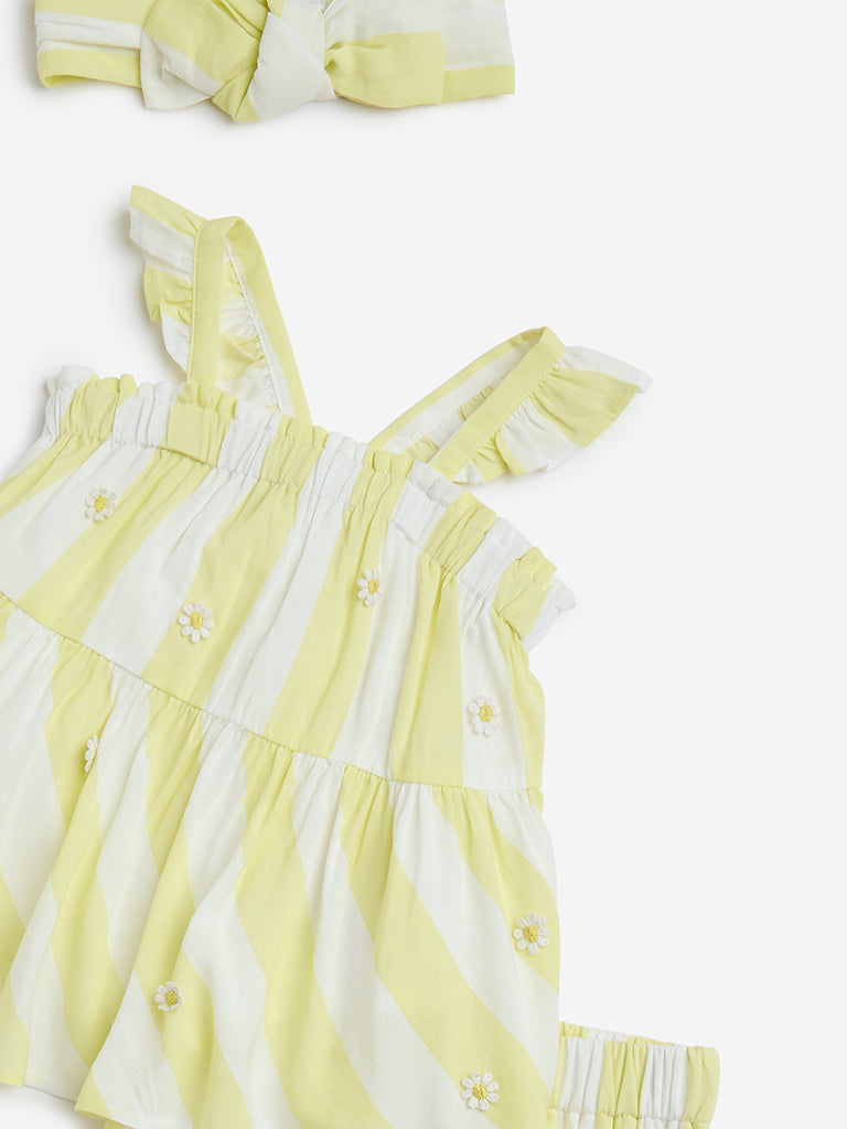 HOP Baby Yellow Striped Top with Shorts and Headband Set - Image 3