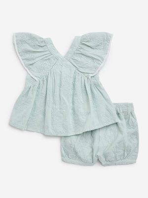 HOP Baby Sage Floral Embroidered Cotton Top with Shorts Set