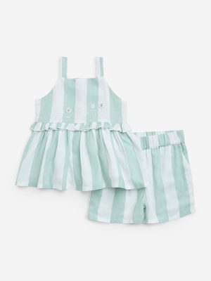 HOP Baby Sage Floral Embroidered Top & Shorts Set