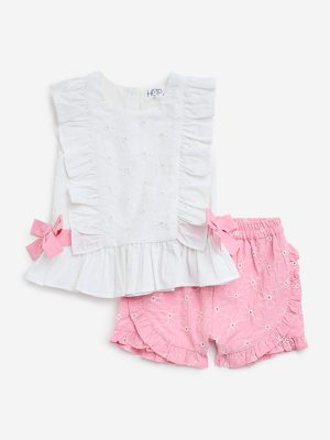 HOP Baby White Floral Schiffli Cotton Top with Shorts Set
