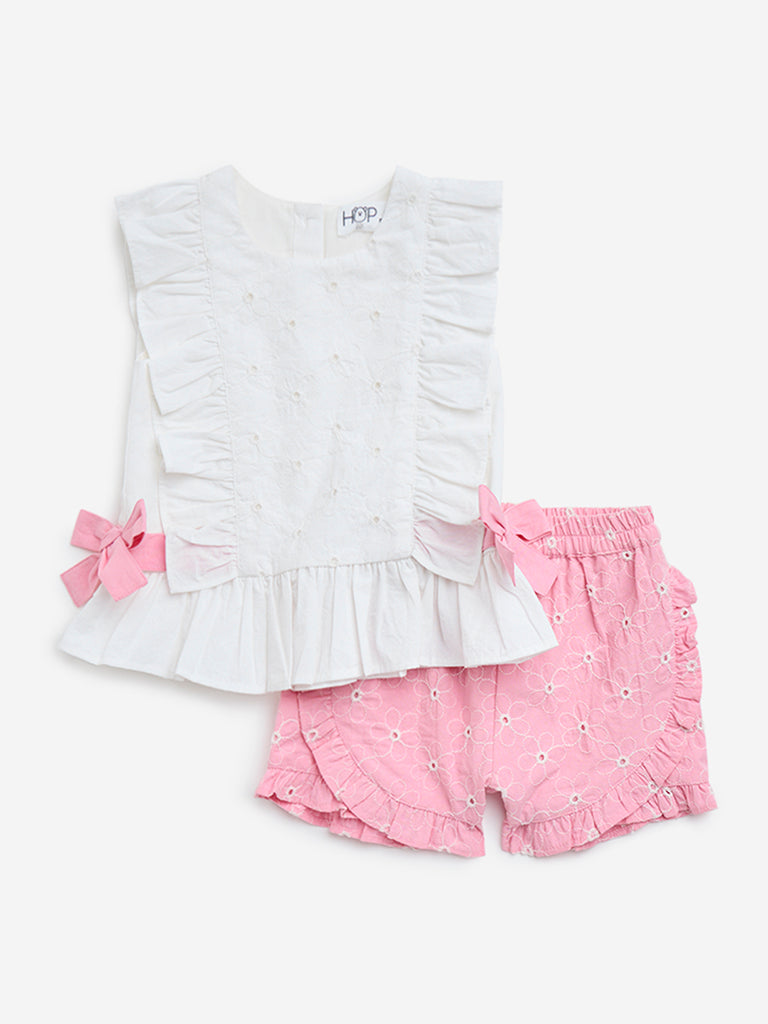 HOP Baby White Floral Schiffli Cotton Top with Shorts Set