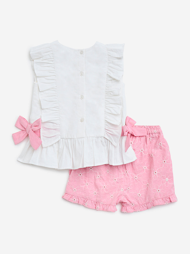 HOP Baby White Floral Schiffli Cotton Top with Shorts Set - Image 2