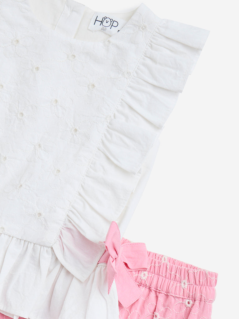 HOP Baby White Floral Schiffli Cotton Top with Shorts Set - Image 3