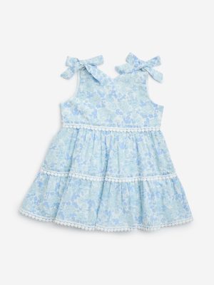 HOP Baby Light Blue Floral Design Cotton Tiered Dress