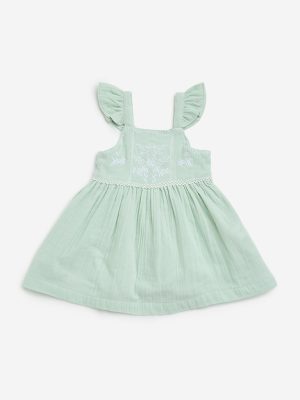 HOP Baby Sage Floral Embroidered Cotton A-Line Dress