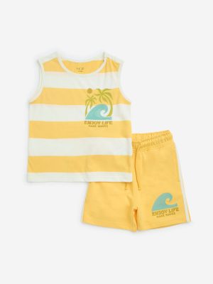 HOP Kids Yellow Stripe Cotton T-Shirt & Shorts Set