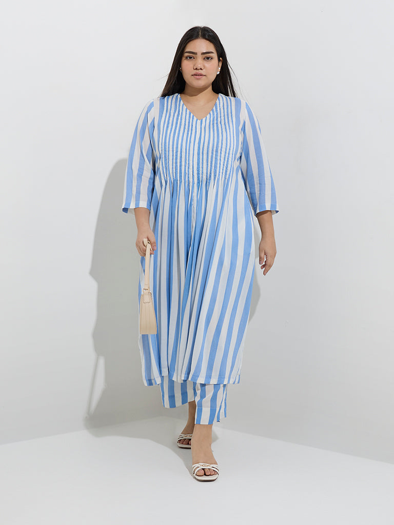 Diza Blue Stripe Printed A-Line Kurta