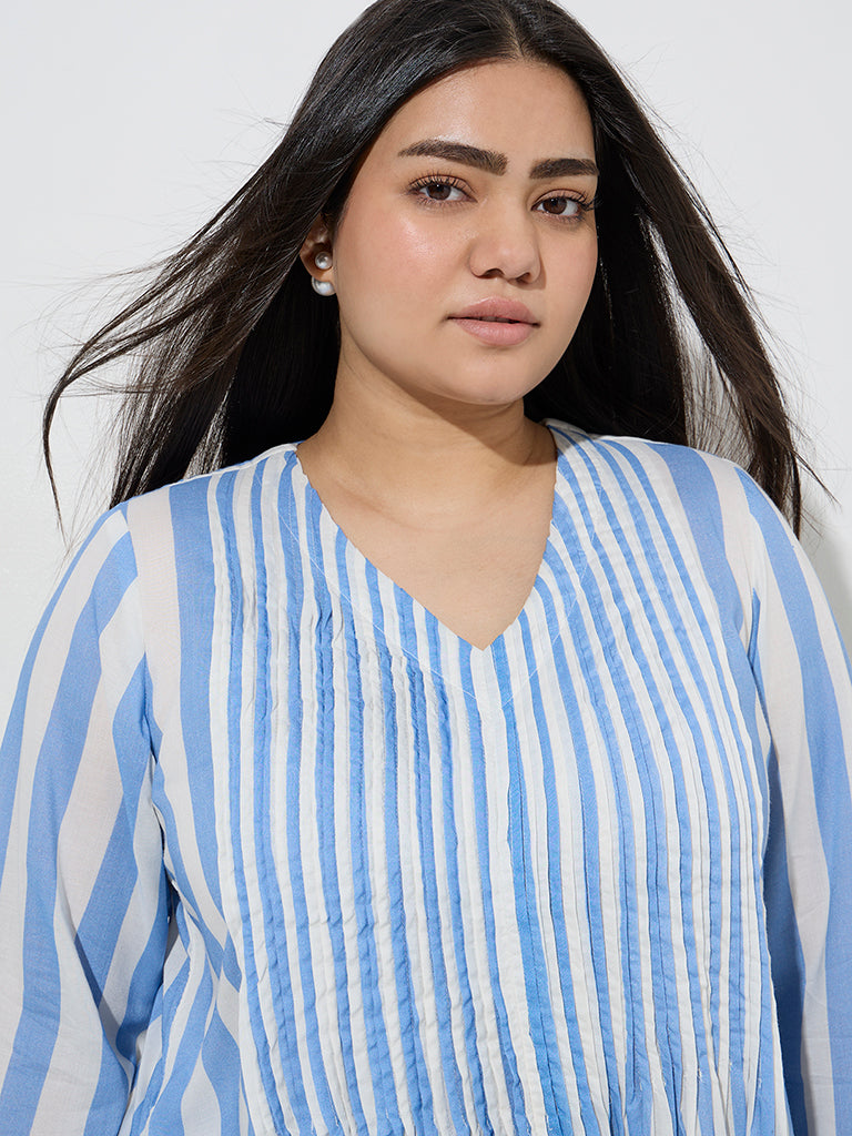 Diza Blue Stripe Printed A-Line Kurta - Image 2