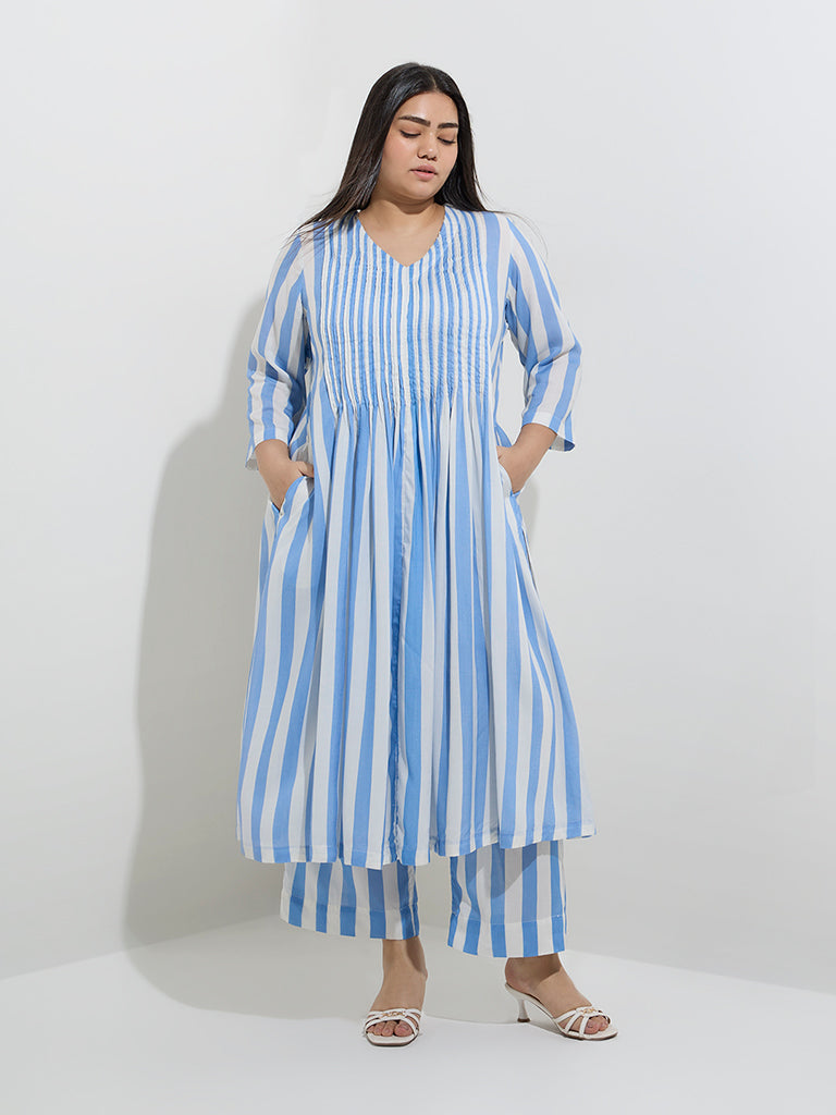 Diza Blue Stripe Printed A-Line Kurta - Image 3