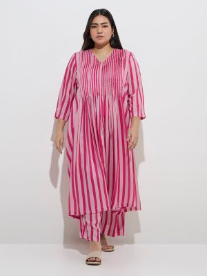 Diza Pink Stripe Printed A-Line Kurta