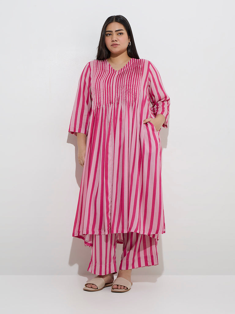 Diza Pink Stripe Printed A-Line Kurta - Image 3