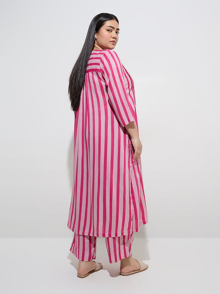 Diza Pink Stripe Printed A-Line Kurta - Image 4