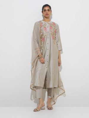 Vark Grey Floral A-Line Kurta. Ethnic Pants and Dupatta Set