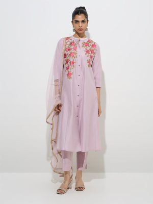 Vark Lilac Embroidered A-Line Kurta. Pants and Dupatta Set