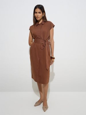 Wardrobe Tan Cotton A-Line Dress with Belt