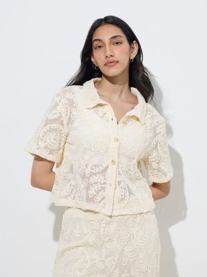 LOV Off-White Floral Lace Design Cotton Shirt