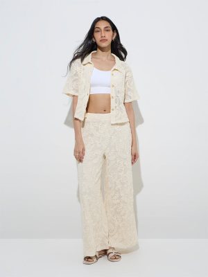 LOV Off-White Floral Lace Design Mid-Rise Cotton Trousers
