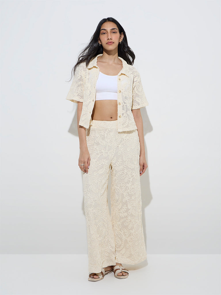 LOV Off-White Floral Lace Design Mid-Rise Cotton Trousers