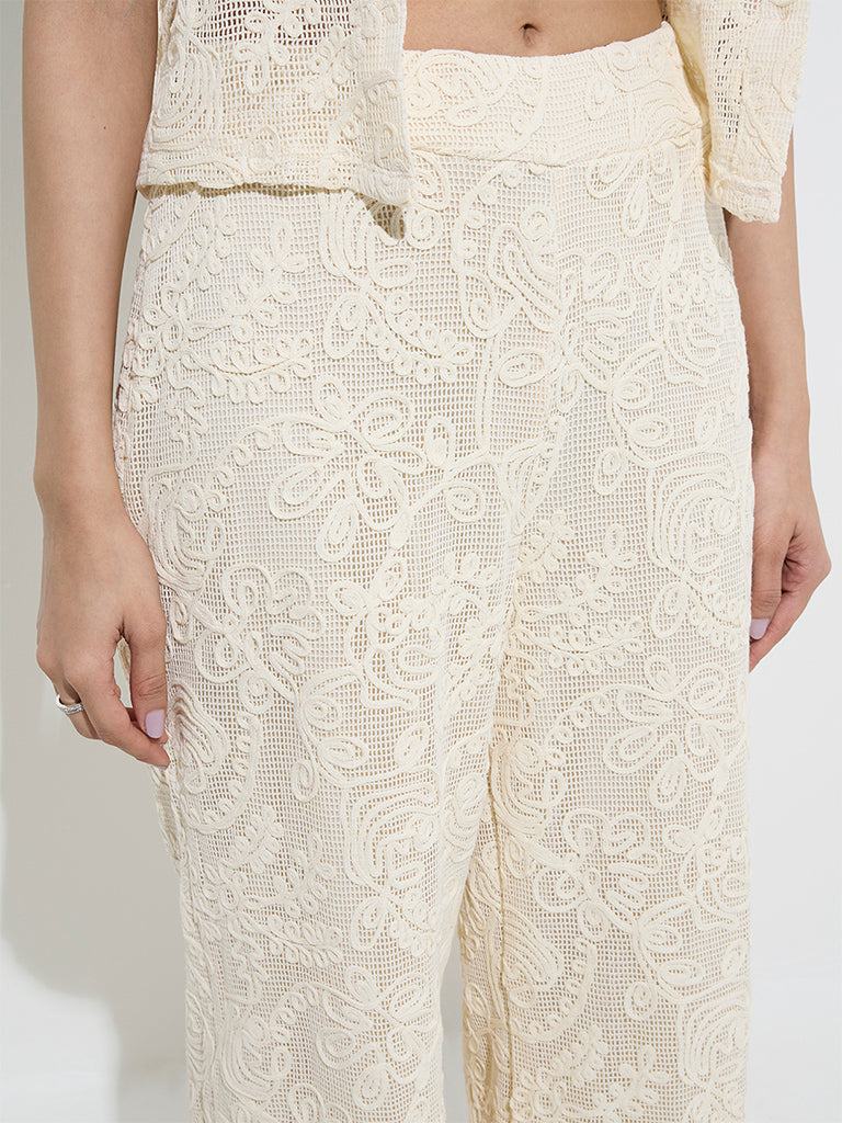 LOV Off-White Floral Lace Design Mid-Rise Cotton Trousers - Image 2
